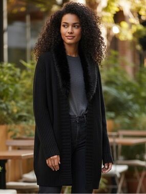 Fever Black Knit Cardigan with Faux Fur Trim